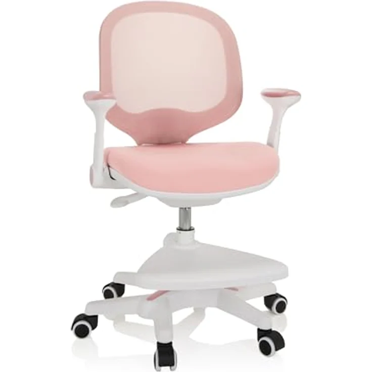 hjh OFFICE 736412 Kinder Schreibtischstuhl Kid Ergo Stoff/Netz Kinderstuhl mit Fußablage, Armlehnen klappbar, Rosa/Weiß – Bild 2