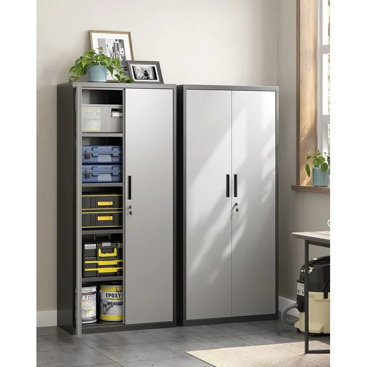 Songmics Aktenschrank, Mehrzweckschrank, Stahl-Aufbewahrungsschrank, 5 Ebenen, Doppeltüren, Schloss, Werkzeugschrank, verstellbare Ablagen, Garage, Büro, Wohnzimmer, silbern-schwarz OMC015S01 – Bild 2