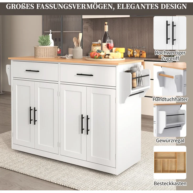 Servierwagen mit klappbarer Tischplatte, 120x46(70)x91 cm, weiß, mit Rollen und austauschbaren Holzbeinen, ideal für Küche und Esszimmer – Bild 5