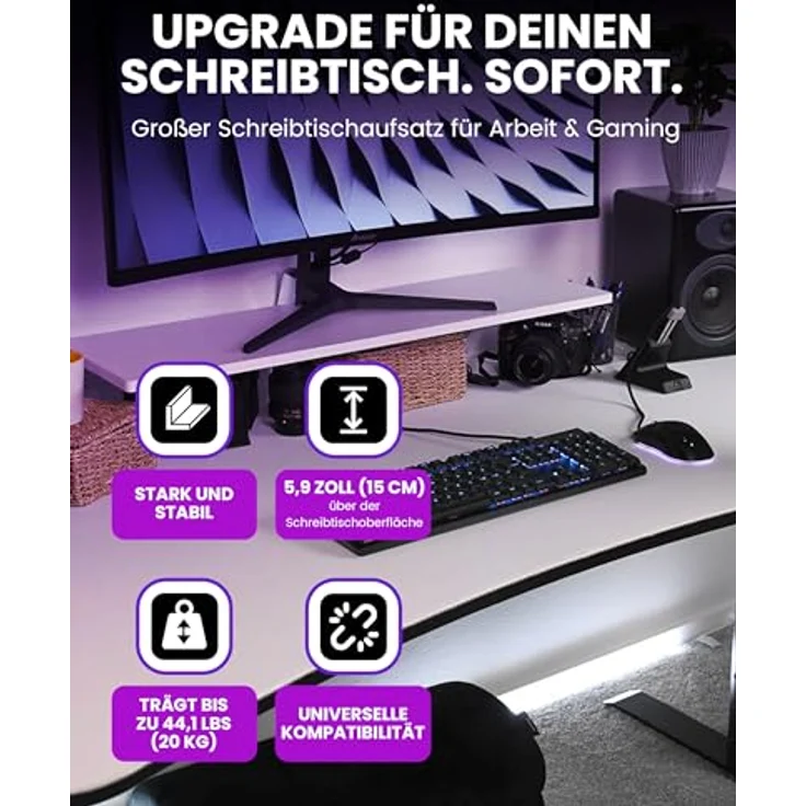 Arozzi Arena Desk Riser Large - White Monitorerhöhung mit ergonomischem Design, 111 cm, 15 cm Höhe – Bild 2