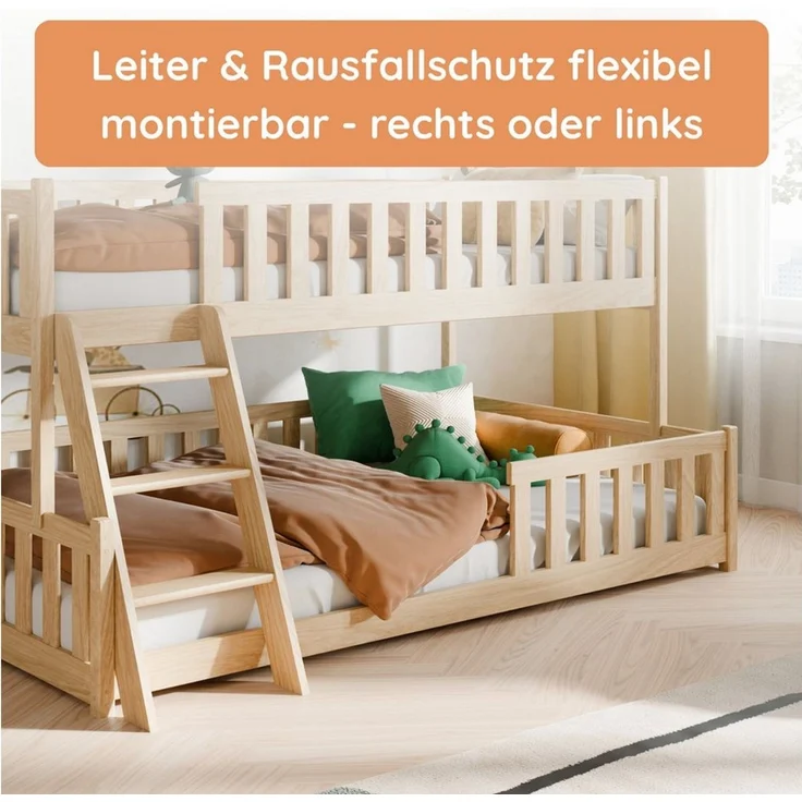 Kids Collective Etagenbett Hochbett Kinderbett 90x200/120x200 cm Rausfallschutz & Lattenrost, Mit Leiter, massives Kiefernholz, Natur – Bild 4