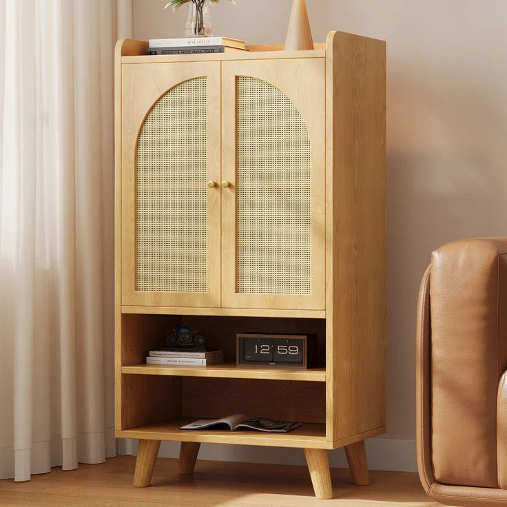 Rattan-Sideboard mit 2 Rattantüren und 2 offenen Fächern, Aufbewahrungsschrank / Buffet mit großem Stauraum, Holz-Highboard, Mehrzweckschrank für Flur, Wohnzimmer oder Küche, Maße: B60×T40×H121 cm--Natürlich--60x40x121cm--YOUDENOVA – Bild 3