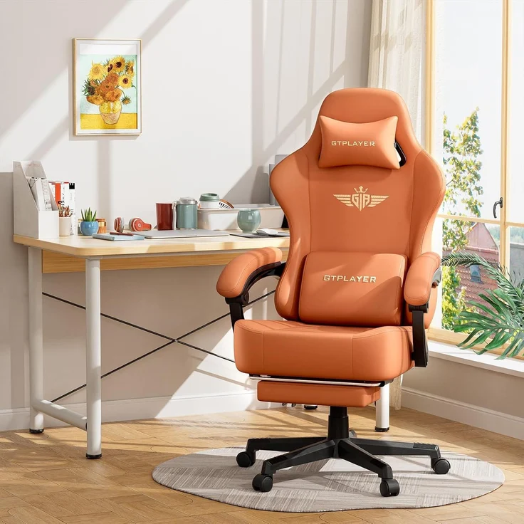 GTPLAYER Gaming Stuhl, Atmungsaktiver Bürostuhl,bürostuhl ergonomisch, Hochwertiger - Kunstleder,Ergonomischer PC Stuhl, 160° Verstellbare Rückenlehne und ausziehbare Fußstütze,Tragkraft 180 kg,Orange – Bild 2