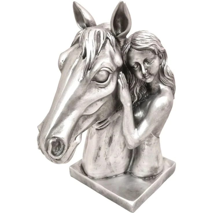 Pferdekopf mit Mädchen ca. 32 x 16 x 26 cm in Antiksilber Büste mit Sockel