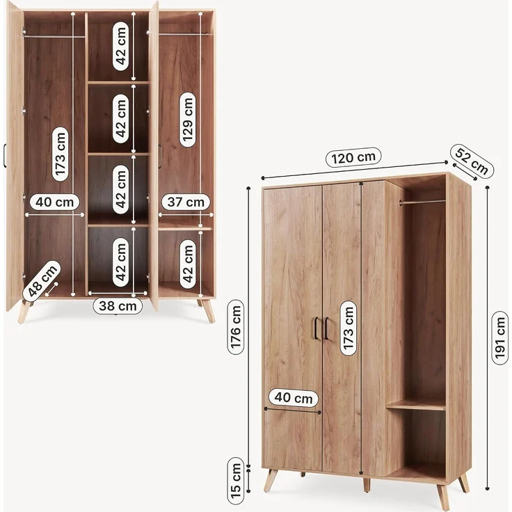Kleiderschrank Norg 191x120x52 cm 2 Türen 5 Fächer Eicheoptik [en. casa] – Bild 2