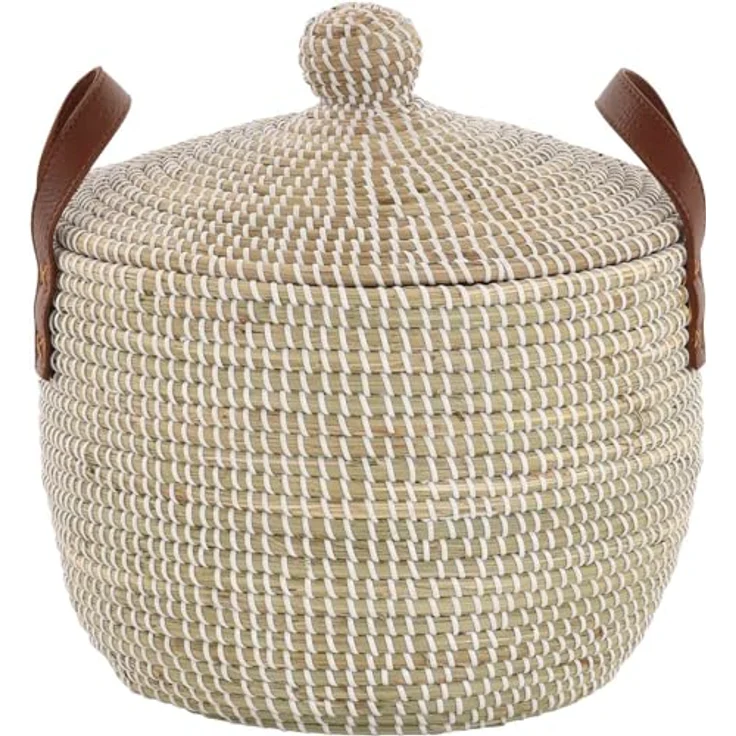 Krines Home Aufbewahrungskorb Set/2 Handgearbeiteter Seegras Dekokorb mit Deckel zur Aufbewahrung (2 St, 2er-Set), Flechtkorb Korb Natur mit weißen Wicklungen Rund Hell Natur – Bild 4