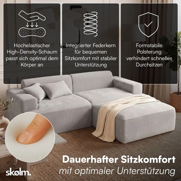 skølm 'Freki' Cloud Sofa 2 Sitzer mit Hocker, Vollschaumcouch mit Federkern und Vakuum-Kompression, kein Aufbau erforderlich, mit 2 Kissen, Cord grau – Bild 2