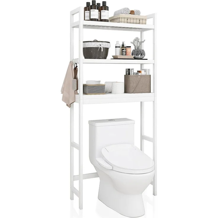 Toilettenregal Bambus WC Regal 3 Ablageflächen platzsparend Weiß 63x26x170cm