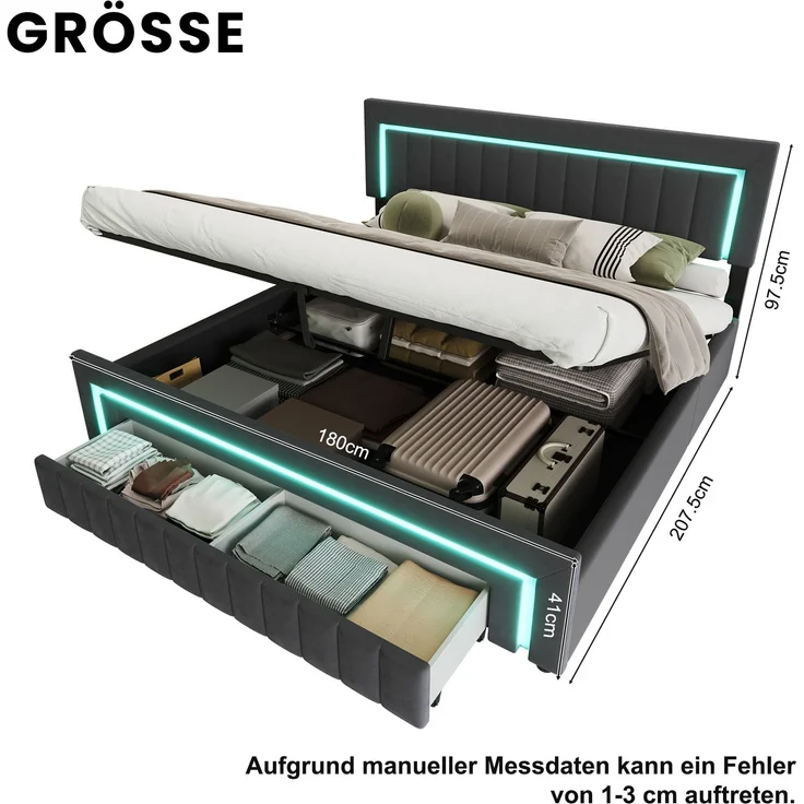 Polsterbett 180x200 cm mit LED-Beleuchtung, Samtbezug und Schubladen, Dunkelgrau – Ohne Matratze – Bild 2