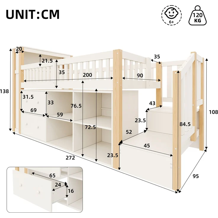 Hochbett, 90 x 200 cm, mit Schubladen, Staufächern, trapezförmigem Schrank, LED-Beleuchtung, Matratze nicht enthalten,Natur – Bild 5