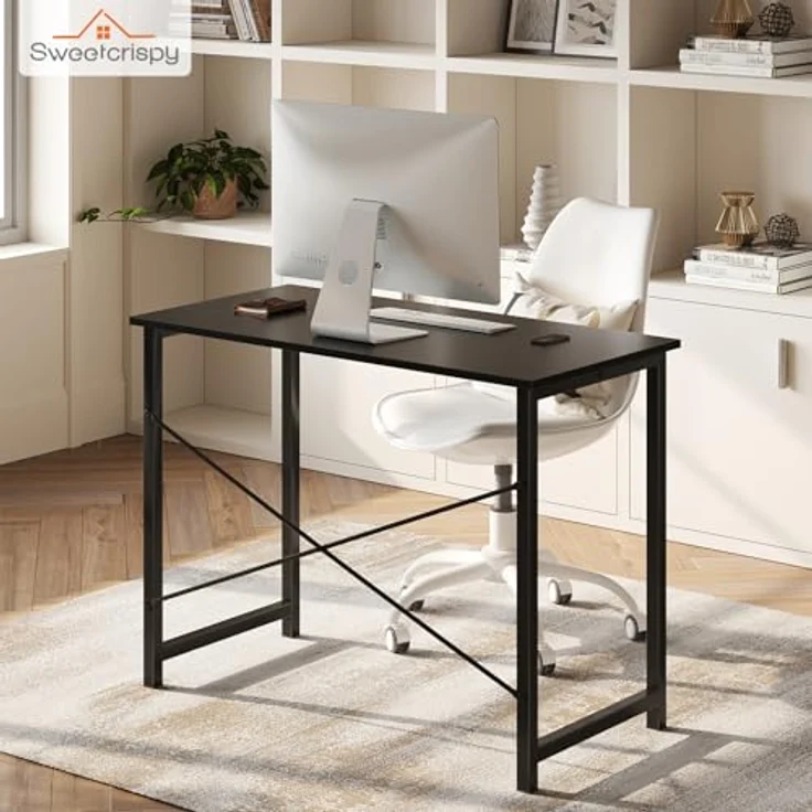 Sweetcrispy Schreibtisch, Kleiner Tisch 101.6 x 50 x 75.4cm (40in), Computertisch Metallgestell‌, Bürotisch für Arbeitszimmer, Schlafzimmer, Wohnzimmer, Study Table Desk, Schwarz – Bild 5