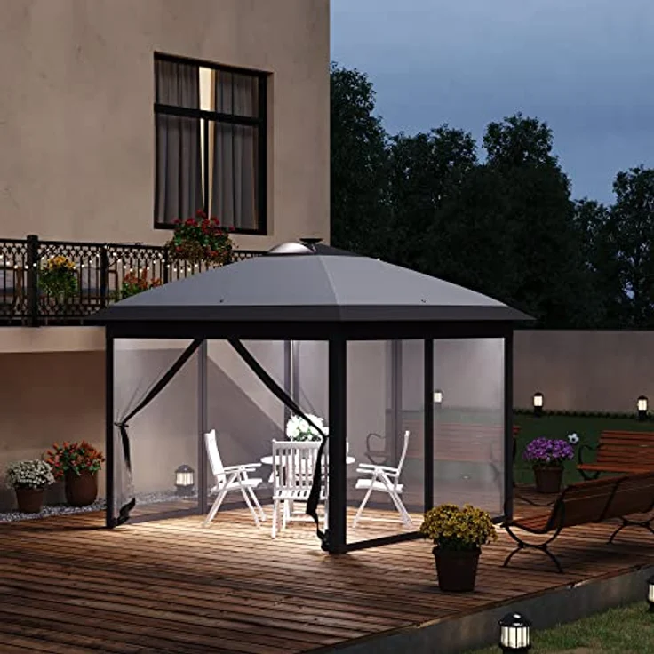 Outsunny Pavillon 3,3 x 3,3 m Faltpavillon mit LED-Beleuchtung, USB-Ladeanschluss und Mesh-Seitenwänden, Oxford Grau mit Sonnenschutz und Tragetasche – Bild 2