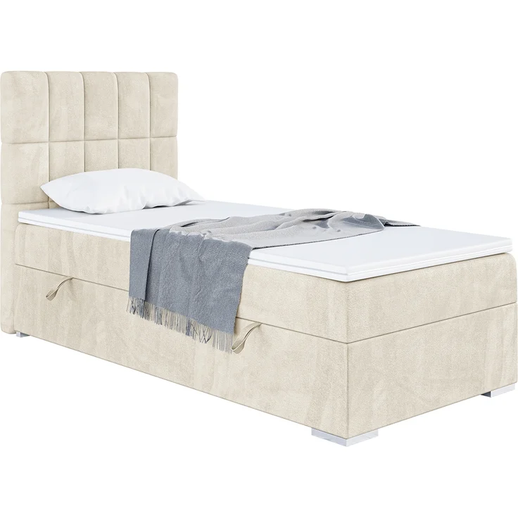 MEBLINI Boxspringbett LUKAS 100x200 cm mit Bettkasten - H3/Creme Samt Gepolstert Einzelbett mit Topper & Taschenfederkern-Matratze - 100x200 Links – Bild 1