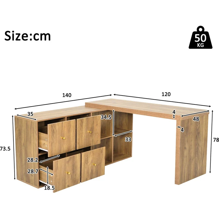 Flieks Ecktisch mit 360° drehbarer Tischplatte, Sideboard, 4 Schubladen und 4 Fächern, 4 cm stark, Eichenoptik – Bild 4