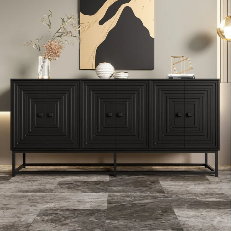 MODFU Lowboard Sideboard 160x75,5x38 cm mit 3 Doppeltüren, matt-schwarz (Packung, 1 St, rei große Doppeltürfächer, mit hochwertigen Scharnieren), Großem Stauraum und Matt-Oberfläche,Solider Rahmen – Bild 3