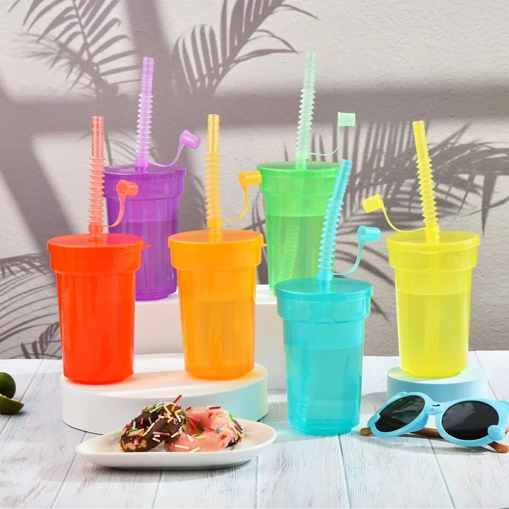 ALINK 6er Pack Neon Kinder Party Becher Set Deckel Strohhalm 380ml – Bild 5