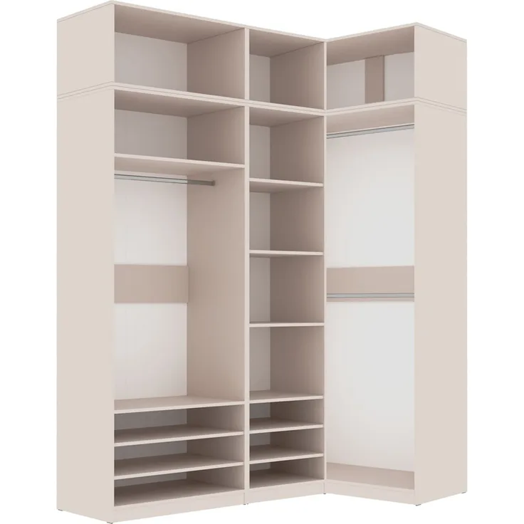 Marmex Möbel Tres Set-M/N hoher offener Eckschrank, Schrankset mit Aufsatz für das Schlafzimmer, geräumiger Kleiderschrank für Kleidung und Schuhe, laminierte Spanplatte, graubeige cashmere 181/100x246x51 cm