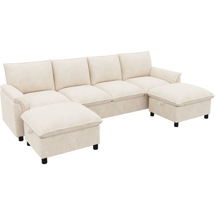 Merax U-förmiges modulares Sofa, bequemes Ecksofa mit Deep-Seat-Design, mit 2 beweglichen Fußhockern, hohe Rückenlehne, Chenille, Beige, B264.5/D142.5/H84 – Bild 9