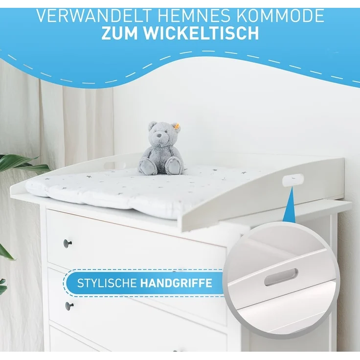 FLIPLINE Wickelaufsatz Hemnes HappyBaby weiß [85 x 75 x 13 cm] für IKEA Hemnes Kommode - INKL. 2-Stufen-Sicherheit an Wand und Kommode - Wickeltischaufsatz 100% sicher – Bild 2