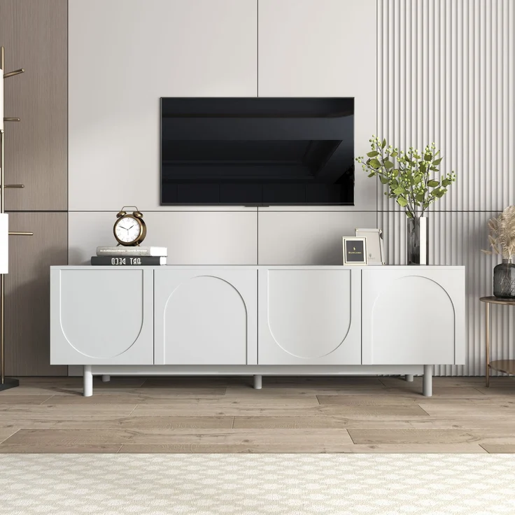 Merax Leichte Lowboard-TV-Möbel im Luxusstil, strukturierte Türen, verstellbare Trennwände, Weiß – Bild 1