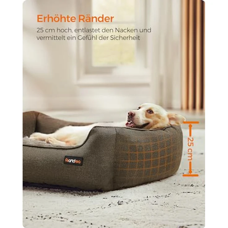 Feandrea Hundebett, Hundekissen in Leinenoptik, Hundekorb, erhöhte Ränder, rutschfeste Unterseite, Bezug abnehmbar waschbar, L, für mittelgroße Hunde, 90 x 75 x 25 cm, braun PGW11CC – Bild 4