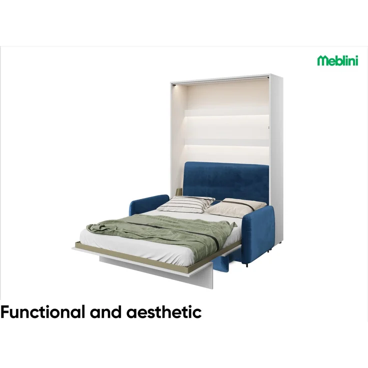 MEBLINI Schrankbett BC-01 - 140x200cm Vertikal - Weiß Hochglanz/Blau mit Matratze - mit Sofa - Wandbett mit Lattenrost - Klappbett mit Schrank - Wandklappbett - Murphy Bed – Bild 2