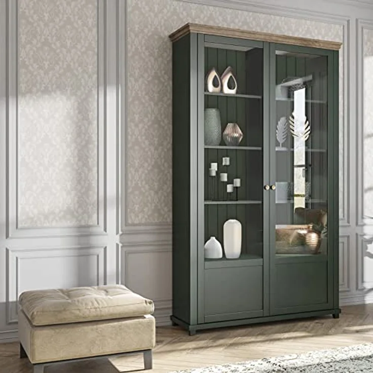 Lomadox Vitrine EPSOM-83 grün Landhaus mit Lefkas Eiche Nb. Knopfgriffe Messing 126/200/42 cm – Bild 1