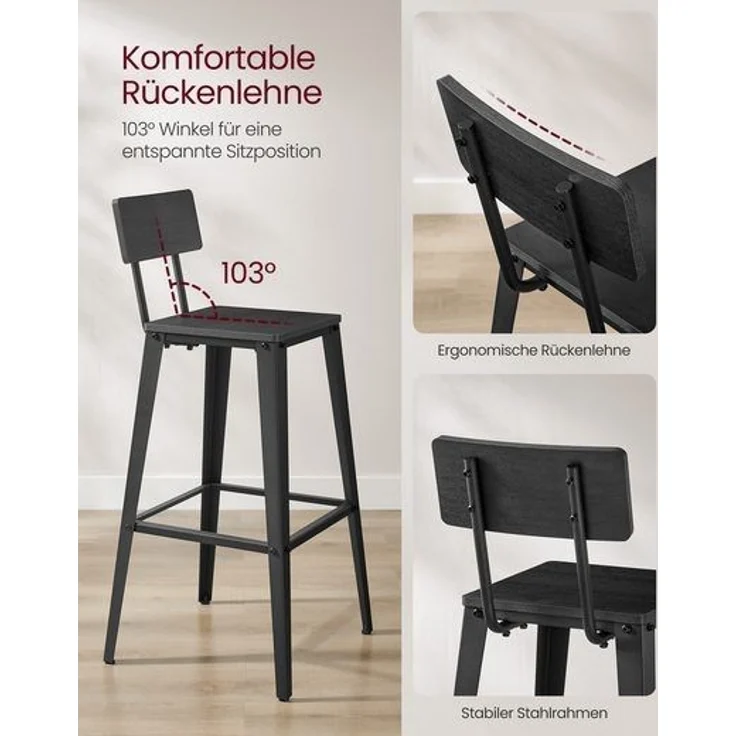 Vasagle Barhocker, 2er Set, Barstühle, Küchenstühle, mit Rückenlehne, Stahlgestell, einfache Montage, Industrie-Design, aschschwarz-tintenschwarz LBCDE078B02 – Bild 2
