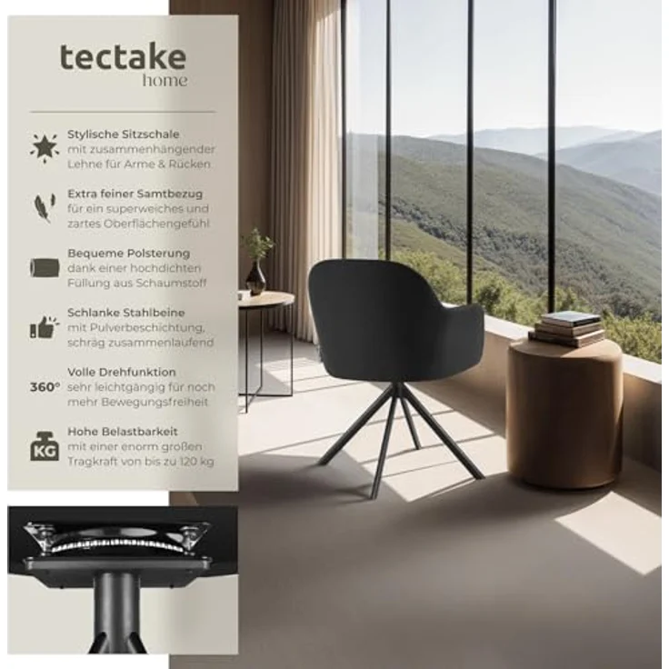 tectake Esszimmerstuhl Samt-Drehstuhl (2er Set, 2 St), gepolstert – Bild 5