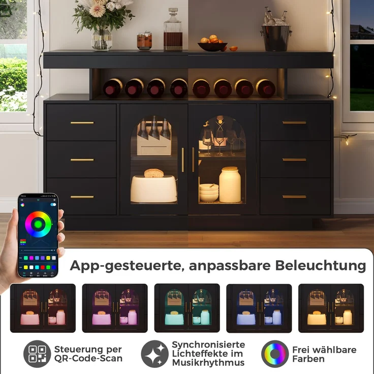 Weinschrank 140 x 40 x 82 cm aus MDF mit 6 Schubladen, Bogenglastüren und RGB-LED-Beleuchtung – Bild 8