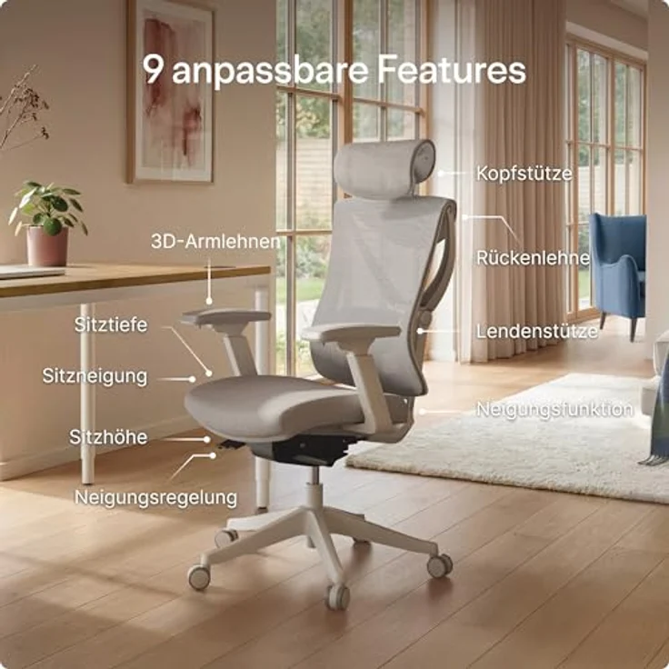 Desktronic Verstellbarer ergonomischer Bürostuhl | Schreibtischstuhl mit Lendenwirbelstütze - rückenfreundlich- Computerstuhl höhenverstellbar & rückenschonend - breites Polster SitPro (Grau) – Bild 4