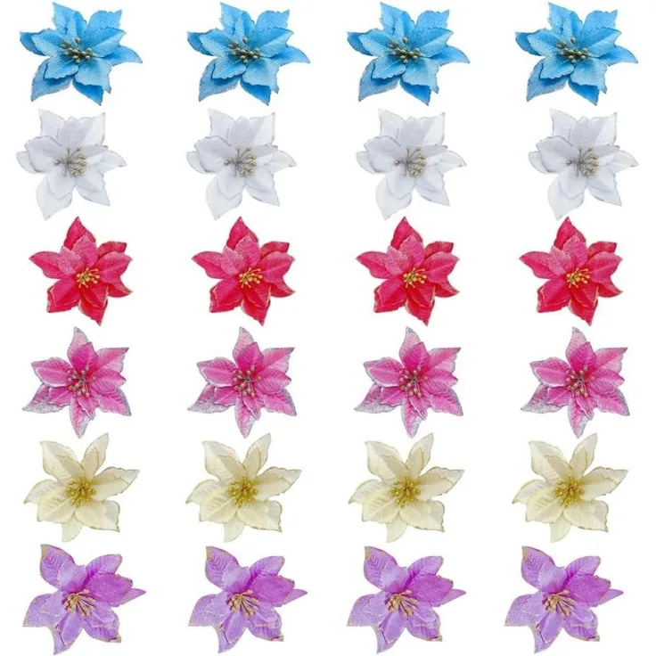 24x Weihnachtsstern Künstliche Blumen Set in Rot Gold Blau Rosa Glitzer