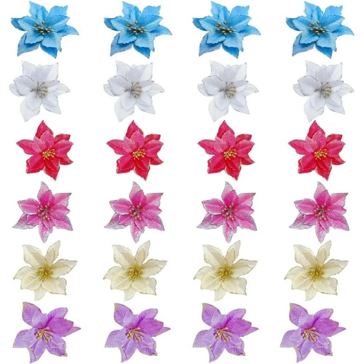 24x Weihnachtsstern Künstliche Blumen Set in Rot Gold Blau Rosa Glitzer – Bild 1