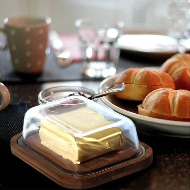 Zedelmaier Butterdose Butterdose,Butterglocke für 250g Butter,mit nachhaltigem holzdeckel, (Packung, HYH001&4), Butterdose aus Boraxglas & Naturdeckel aus rundem Rand – Bild 2
