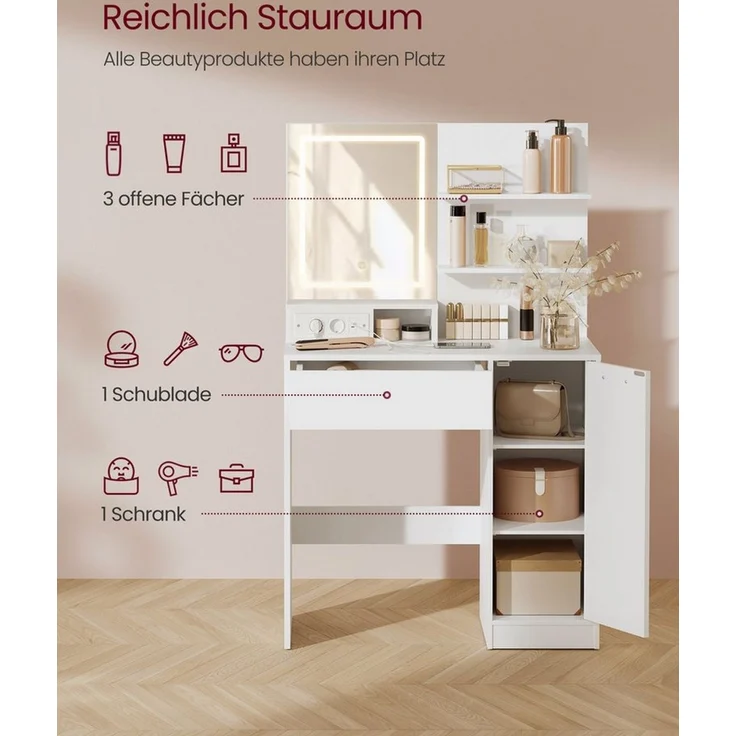 VASAGLE Schminktisch Frisiertisch mit Spiegel, Kosmetiktisch, 2 verstellbaren Ablagen, mit LED-Spiegel und Steckdosenleiste – Bild 2
