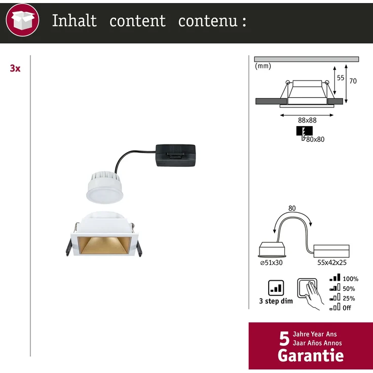 Paulmann 93130 LED Cole Coin Basisset eckig 3er-Set 2700K Weiß Gold 3-Step-Dim IP44 – Bild 6