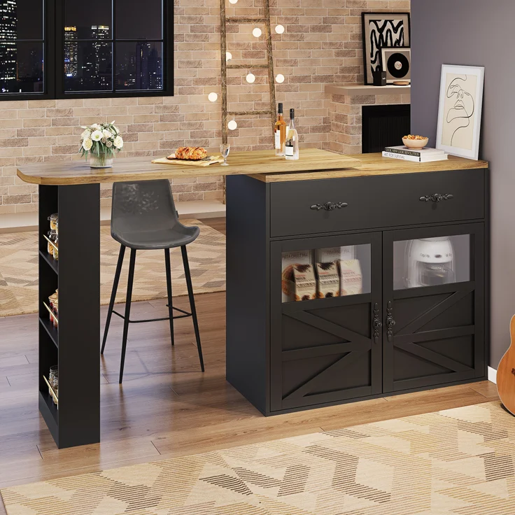 Ausziehbarer Bartisch Schwarz mit 360° Drehfunktion, MDF Tischplatte geprägt, Acryl-Türen, Aluminium-Griffe, Stauraum, 104cmx138-204cmx39cm – Bild 4