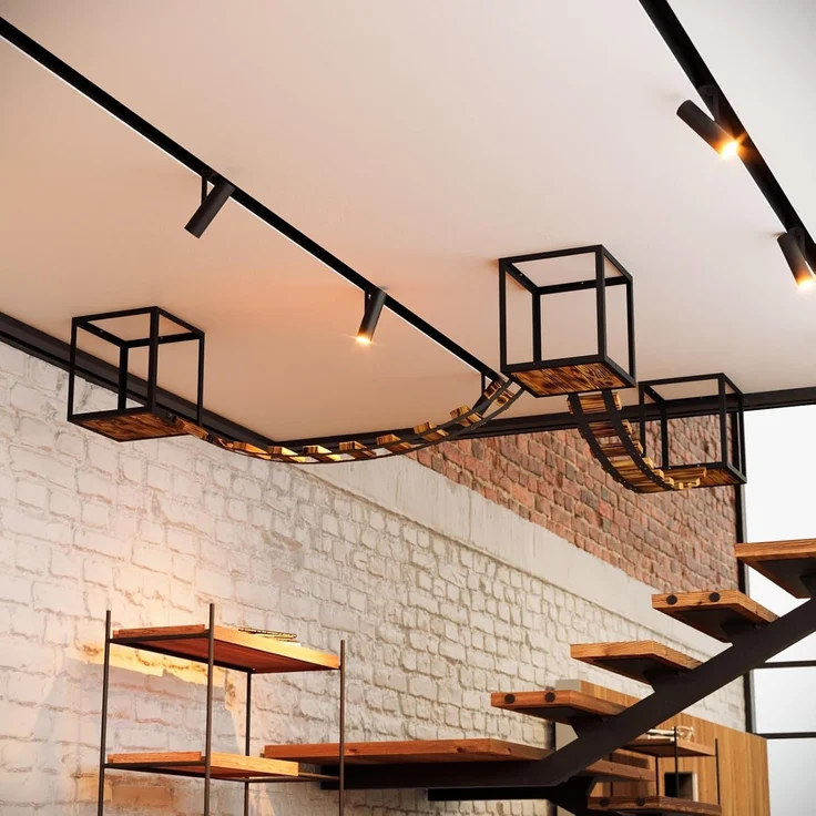 QLS Katzen-Kletterwand LOFT Deckenmontage, Set Aus Metall pulverbeschichtet und Holz Geflammt 5 Teilig – Bild 4