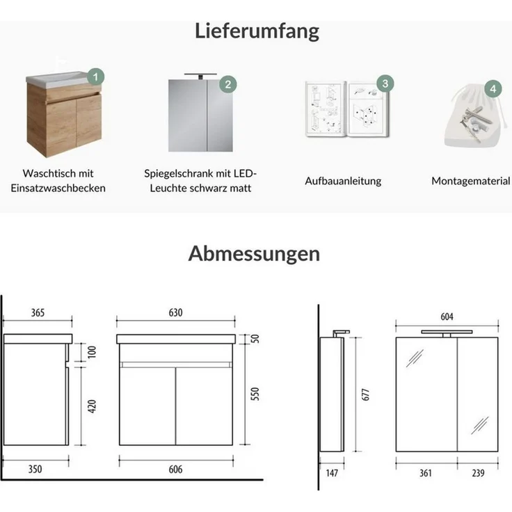 Planetmöbel Badmöbel-Set Badmöbel Set - Waschtisch mit Spiegelschrank 63 cm, (Waschbecken mit Unterschrank, 3-St, Spiegelschrank Bad mit Beleuchtung) – Bild 3