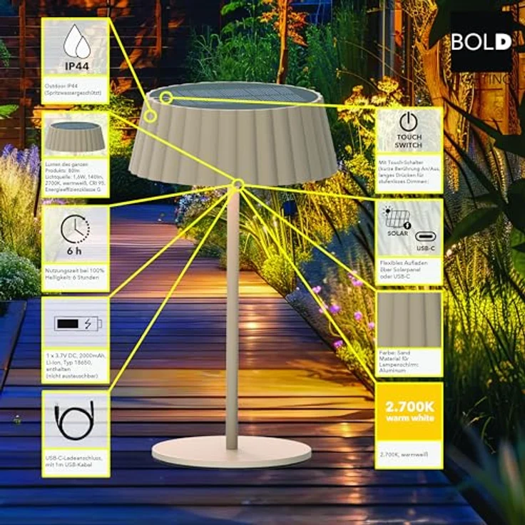 BOLD LED Solar-Tischleuchte (IP44, 2W/180lm 2700K, Tischlampe Kabellos, Warmweiß CRI 95, LED Touch-Schalter & Dimmer, Solar & USB-C Aufladung, 6 Stunden Nutzung) - Sand – Bild 5