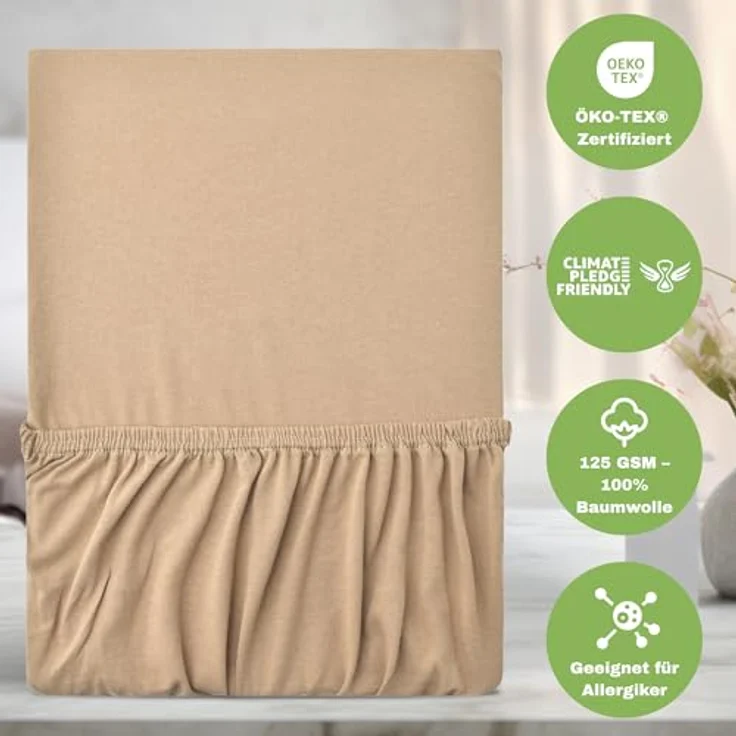 leevitex® Spannbettlaken 120x200 cm - 130x200 cm | Spannbetttuch Bettlaken | 100% Jersey Baumwolle | Matratzenhöhe bis 25 cm | Ökotex | Sand/Cappuccino – Bild 5