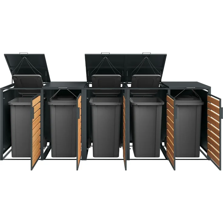 STEELSØN 'Kestra' Mülltonnenbox 5er je 120 Liter, anthrazit mit Holzoptik, Mülltonnenverkleidung aus Stahl, wetterfest, 102x62x294,5 cm, Müllbox für 5 Tonnen – Bild 11