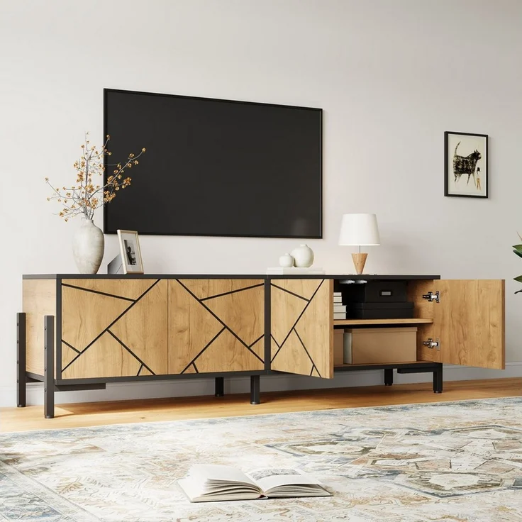 MODFU TV-Schrank Naturfarbener TV-Ständer 153 cm mit schwarzen Linien & 4 Türen (Packung, 1-St, Geometrisches Kontrastdesign, MDF-Material) Geeignet für TV um die 65 Zoll, praktisches Wohnzimmer-Kabinett – Bild 1