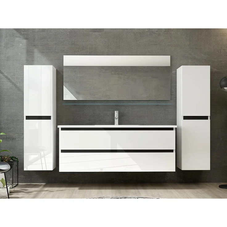 Homeline Badmöbel Set Hochglanz mit Schubladen Glas ablage (Dennis Weiss, 120 cm Einzelbecken 2X Hochschrank) – Bild 2