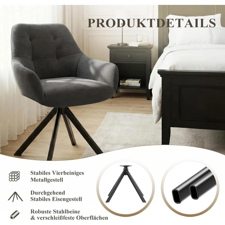 COLAMY Drehbare Esszimmerstühle 4er Set, Esszimmerstühle Drehbar mit Armlehne, Armlehnstuhl Drehbar mit Rückenlehne für Esszimmer, Stühle aus Weichem Florstoff mit Metallgestell für Küche, Grau – Bild 8