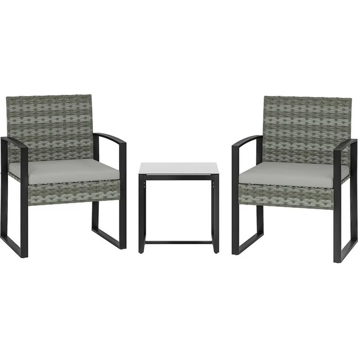 Outsunny Sitzgruppe mit 2 Gartenstühlen, Couchtisch, abnehmbar Kissen, (Gartenmöbel-Set, 3-tlg, Bistroset), für Garten, Terrasse, Hellgrau – Bild 1