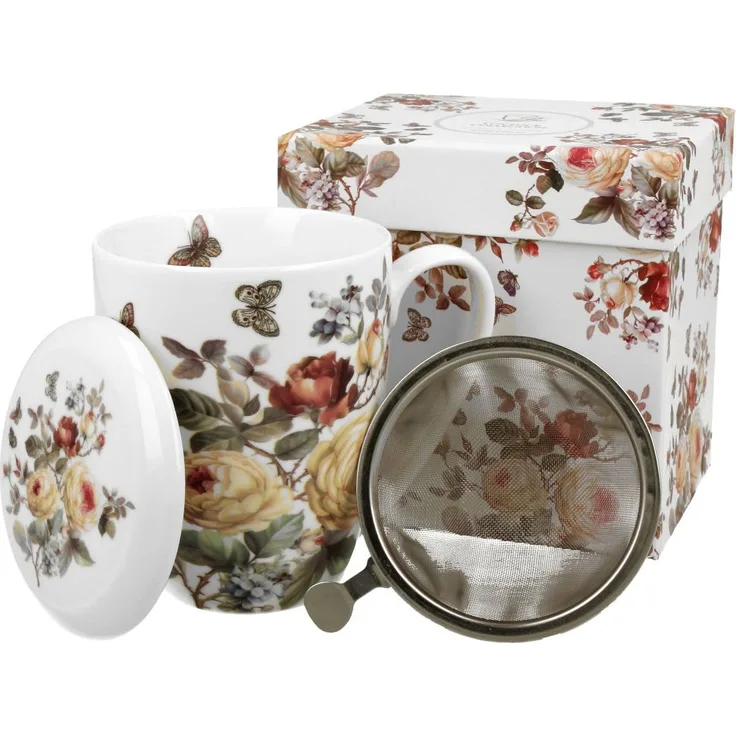 DUO FLORAL Becher 380 ml ZAHRA mit Teesieb, New Bone China Porzellan