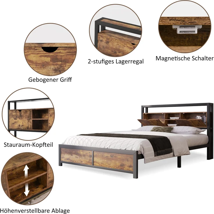Metallbett mit Stauraum-Kopfteil & Metallgestell, 145x216x100 cm, Natural, ohne Matratze – Bild 5