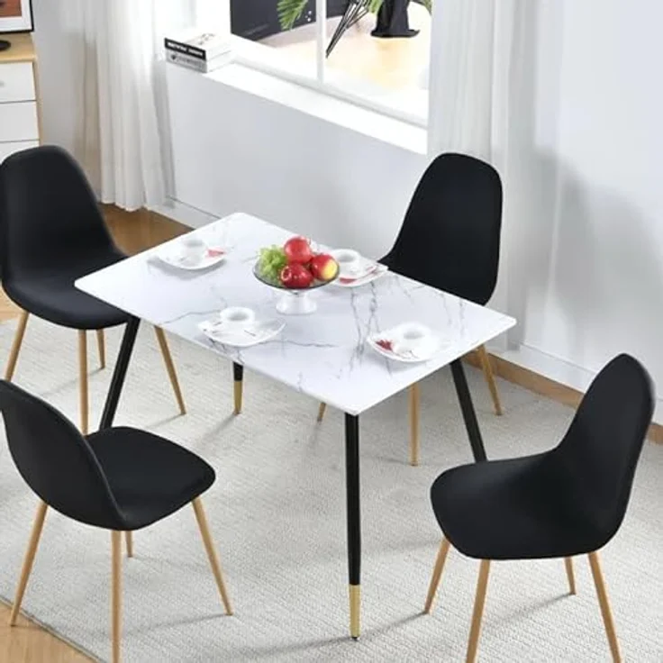 39F FURNITURE DREAM Tisch im skandinavischen Design mit Deckel aus Marmorpapier, Metallbeine, Schwarz und Gold, für Küche, Esszimmer, Wohnzimmer, MDF, Weiß, 110 x 70 x 75 cm – Bild 6
