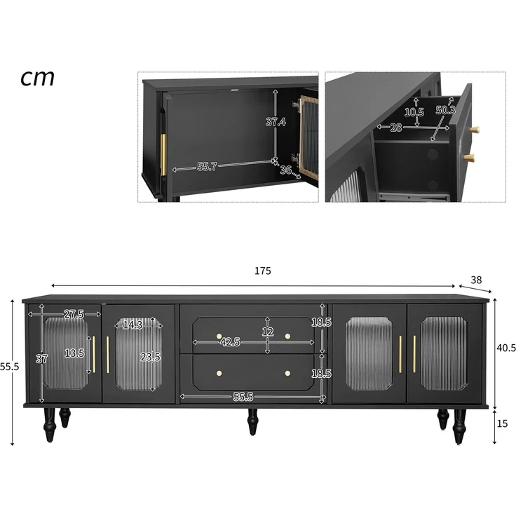 TV-Schrank 175 cm Schwarz mit Rattan-Türen, Push-to-Open Schubladen, mit goldenen Griffen und Stützfüßen – Bild 7